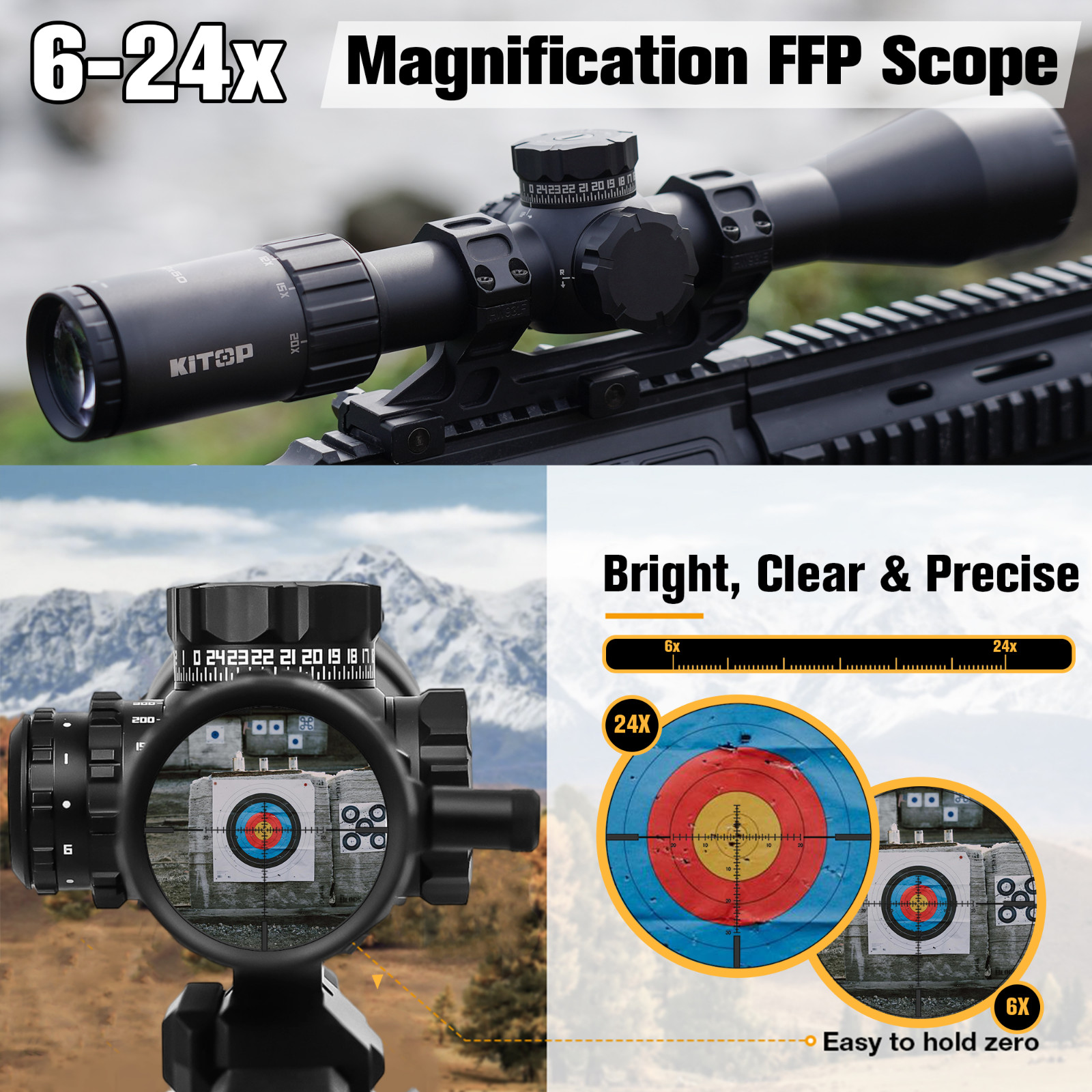 KiTOP Optics 6-24x50mm Crosshair Rifle Scope w/ FFP Illuminated MOA Reticle