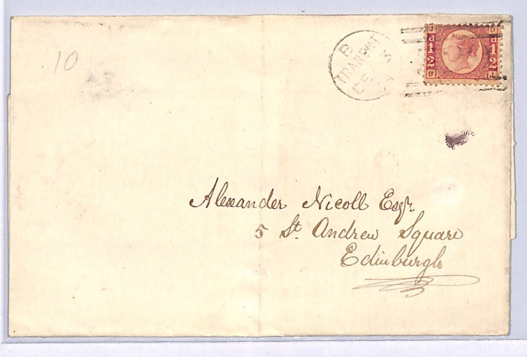 GB QV BANTAM ½d Plate 10 (DJ) Cover TRANENT Duplex 1874 Edinr Scotland XB48