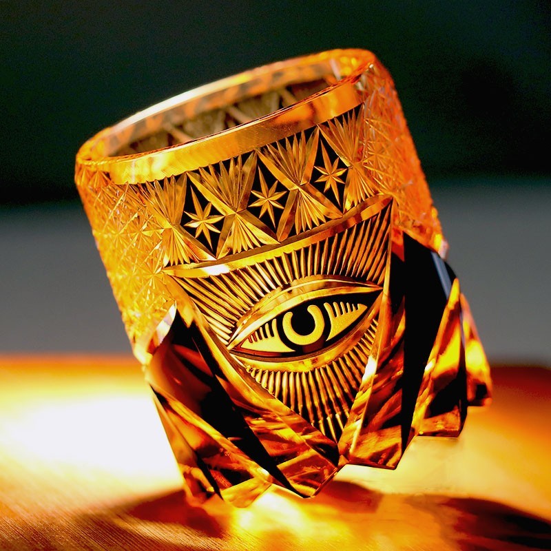 High-end Hand Carved Eye Pattern Edo Kiriko Glass Whisky Glass Amber Color