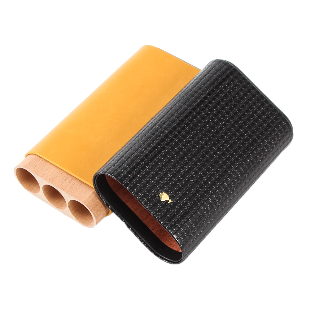 Leather Cedar Wood Cigar Case Portable Humidor 3 Cigars Tubes Yellow Box Gift