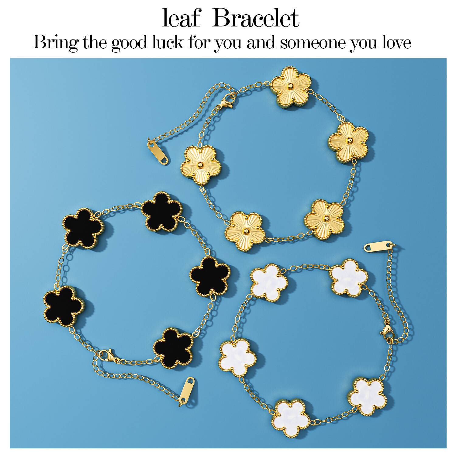 18k Gold Plated Clover Lucky Bracelet 3-Pcs Women Flower Five Leaf