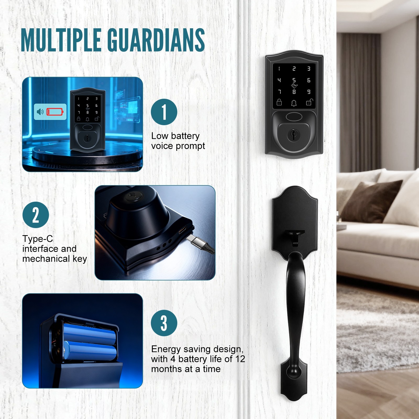 Smart Deadbolt Fingerprint Door Lock with Handle Set, App Control,Voice Prompts