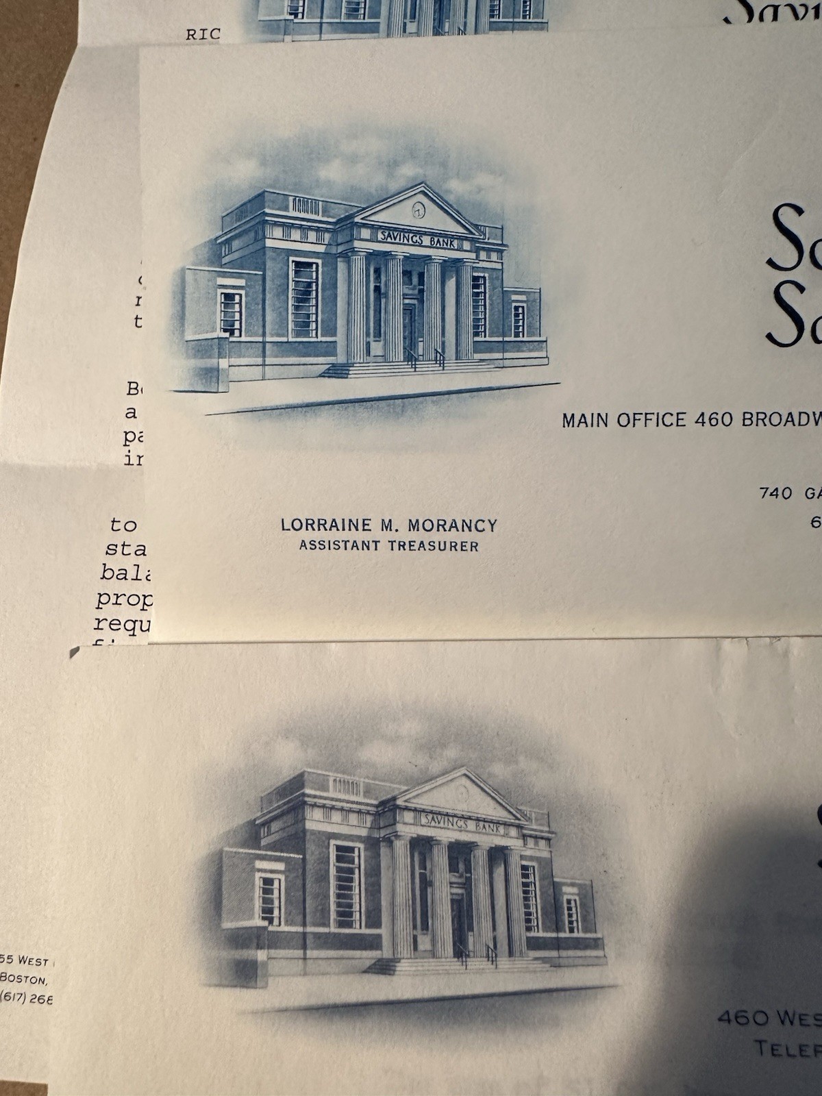 4 Vintage South Boston Savings Bank MA. Blue Engraving Letterheads Letters