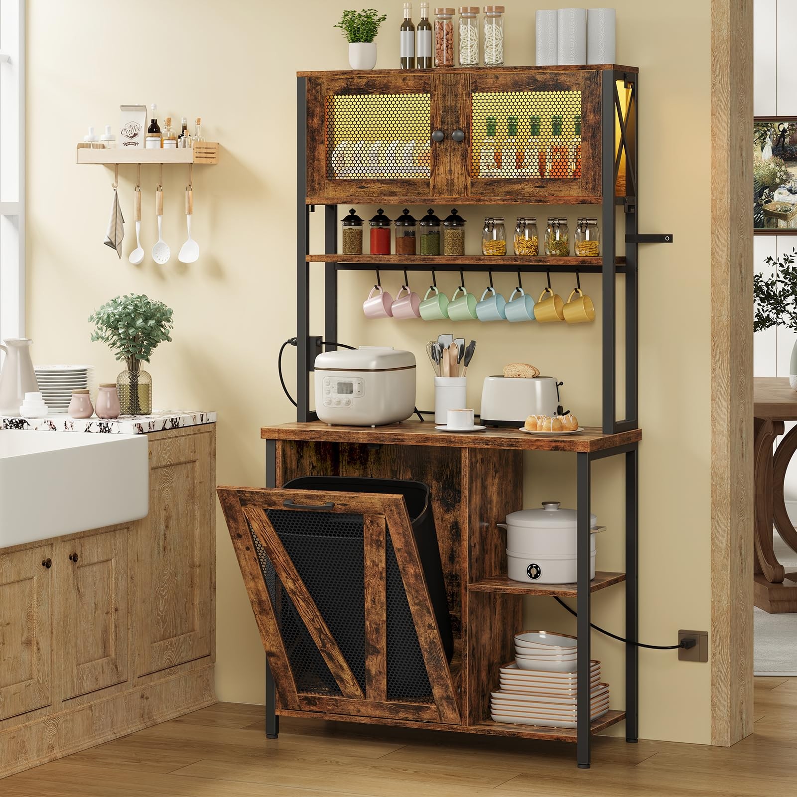 Bakers Rack with Trash Can Bin Cabinet, 6-Tier Microwave Stand with LED Stripe