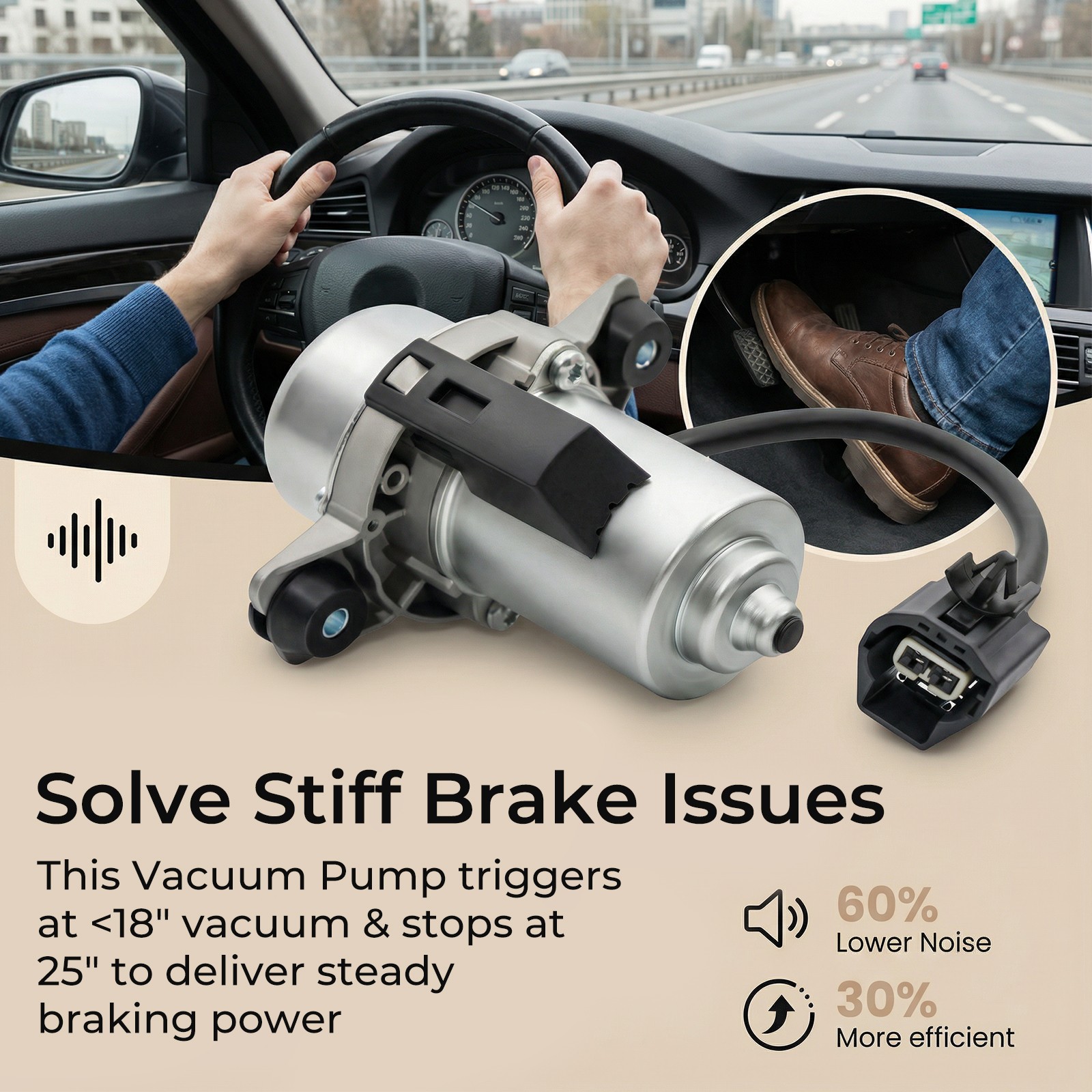 18 to 22" Electric Vacuum Pump Install Kit 12 Volt Fit for Brake Booster System