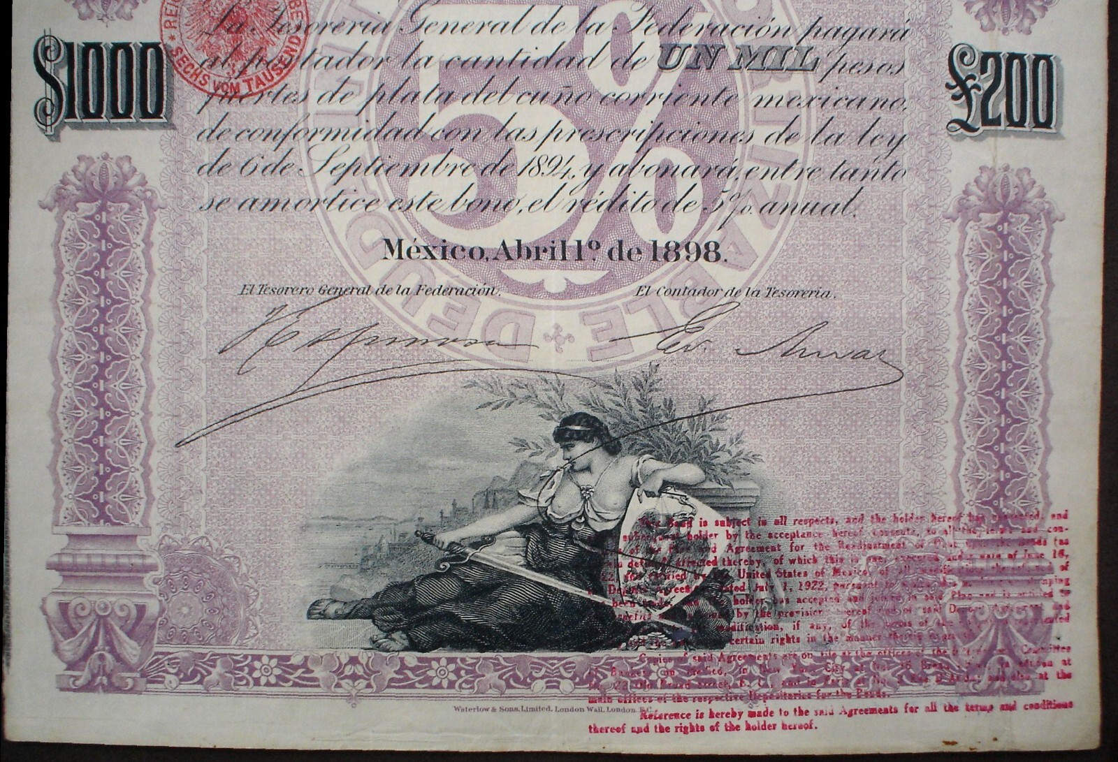 6 x ESTADOS UNIDOS MEXICANOS BONDS 5 x 500 + 1 x 1000$ = £100 + £200 uncanceled