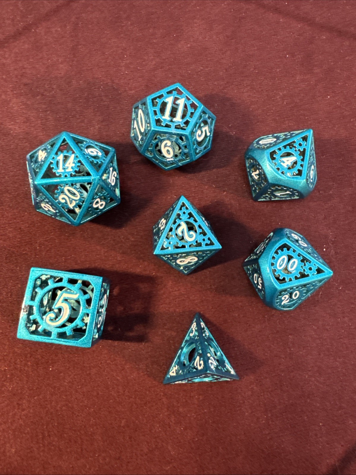 Blue Gear-Themed Hollow Metal Dice Set for RPG DND Games