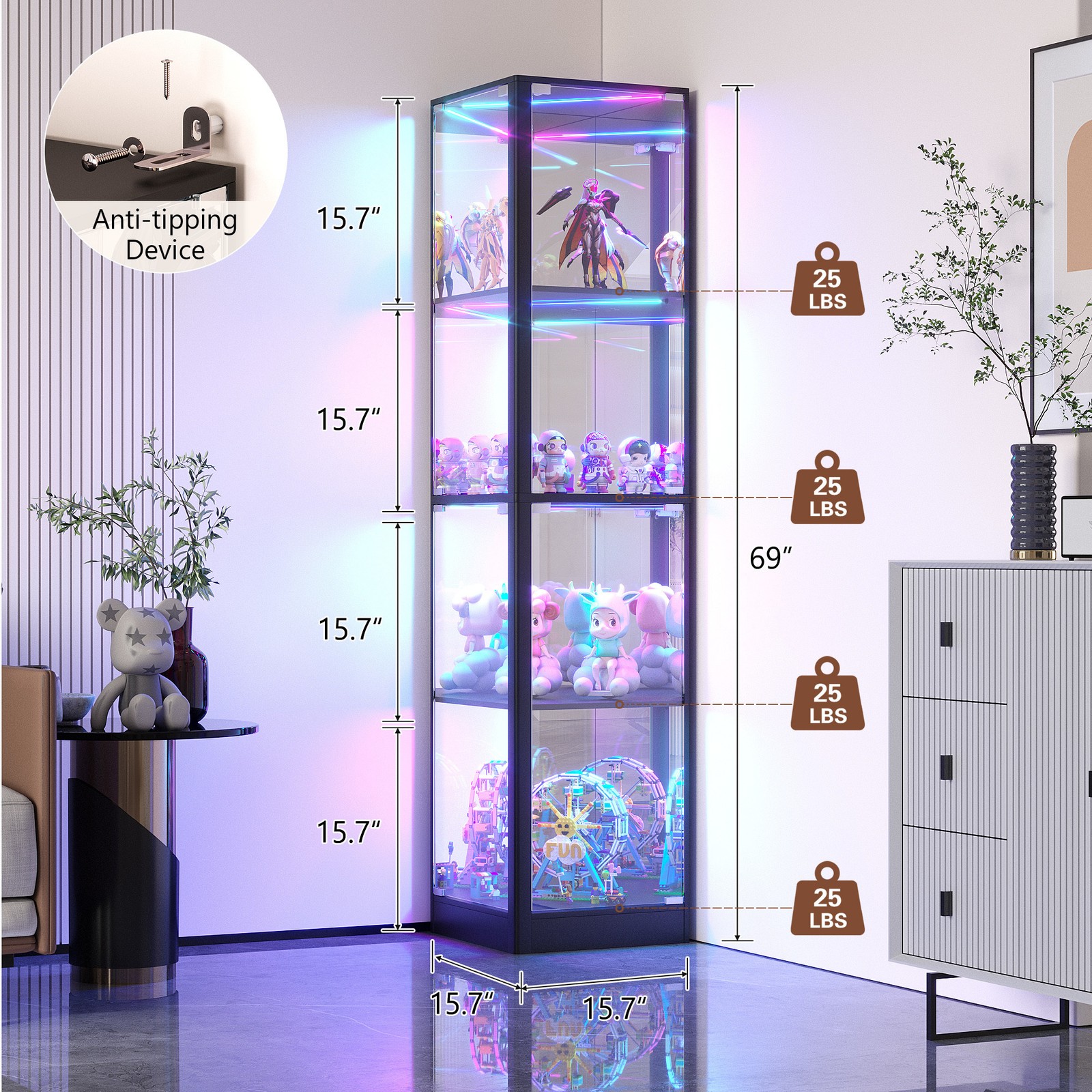 Gurexl Glass Curio Cabinet with RGB Lights, 4-Tier Display Case for Collectibles