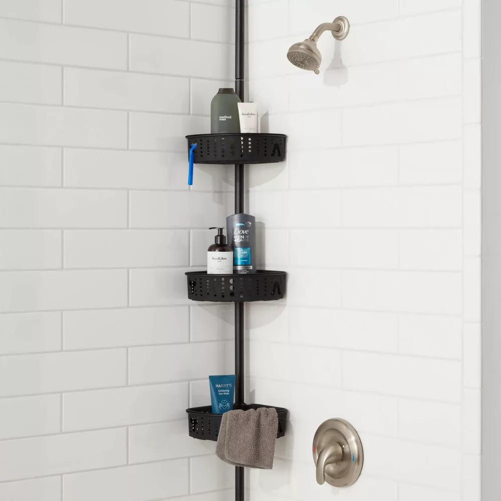 Room Essentials Steel Corner Tension Pole Shower Caddy 3 Baskets, Matte Black
