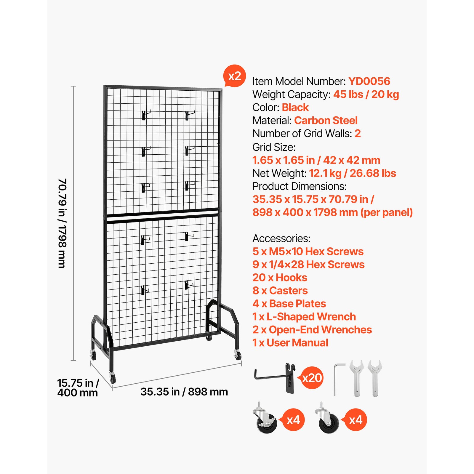 Uimoso 2-Pack Grid Wall Panels 2.9 x 5.9ft Wire Display Rack with Wheels & Hooks
