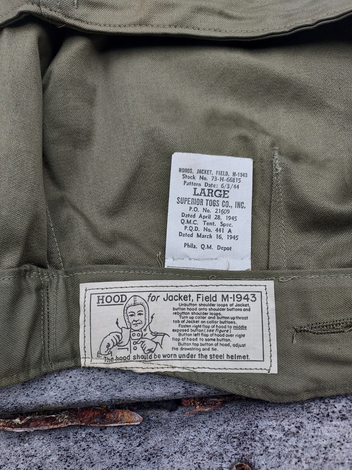 WWII WW2 US Army M1943 OD Field Jacket Hood M-1943 Hood Size Large Cutter Tag
