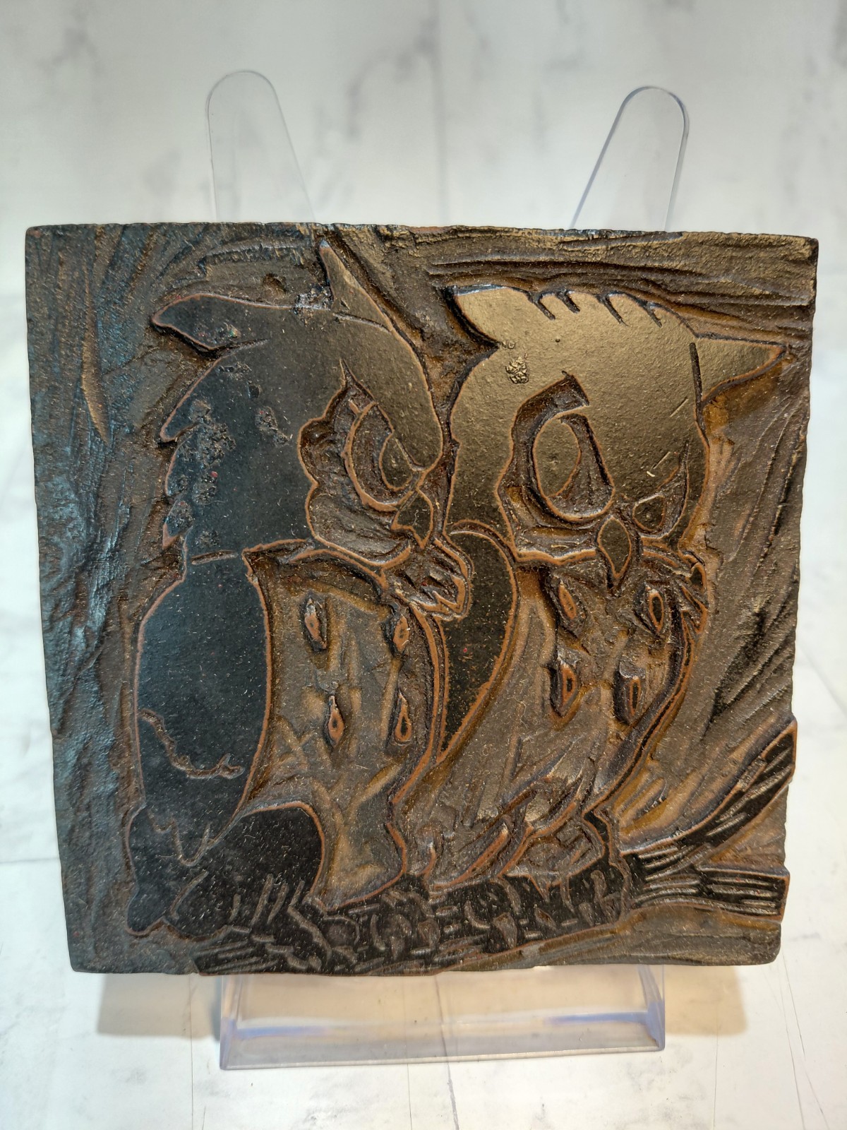 Vintage Wood Printing Block Owls Birds Carved Stamp Letterpress Art Decor 3.5"