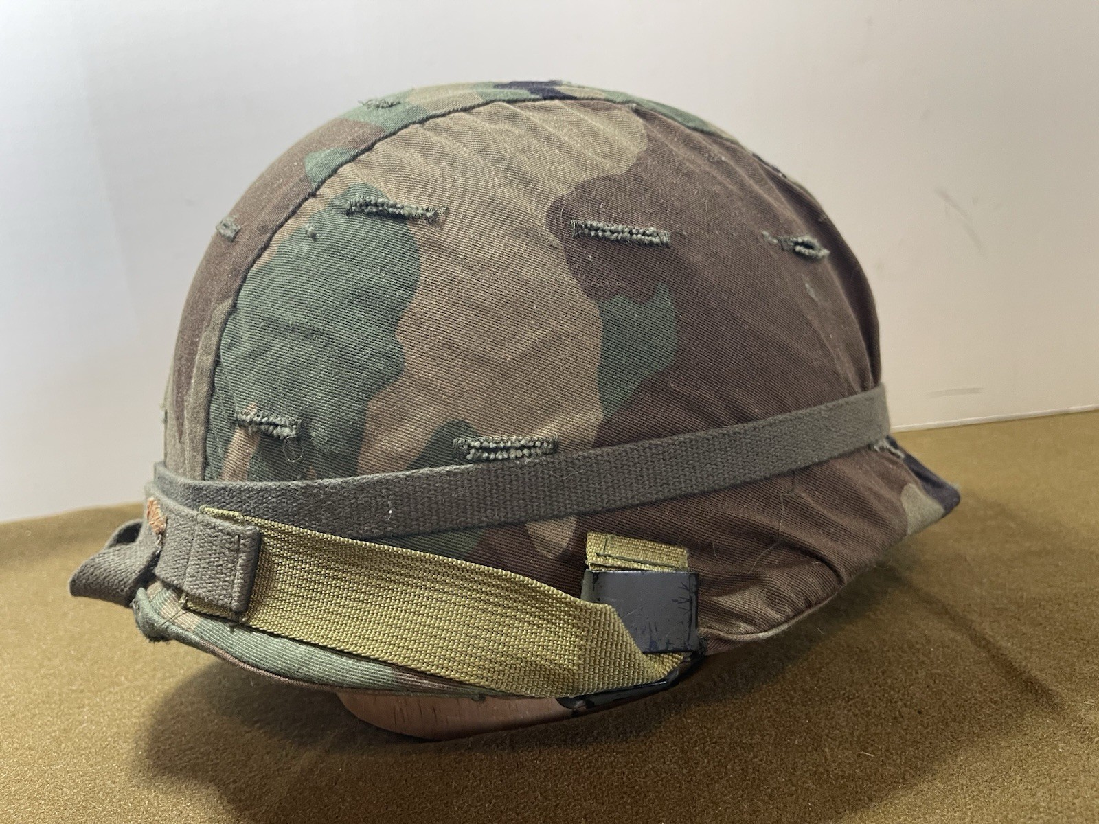 US Army M1 Helmet Shell With Cover And Chin Strap 1980s Vintage No Liner