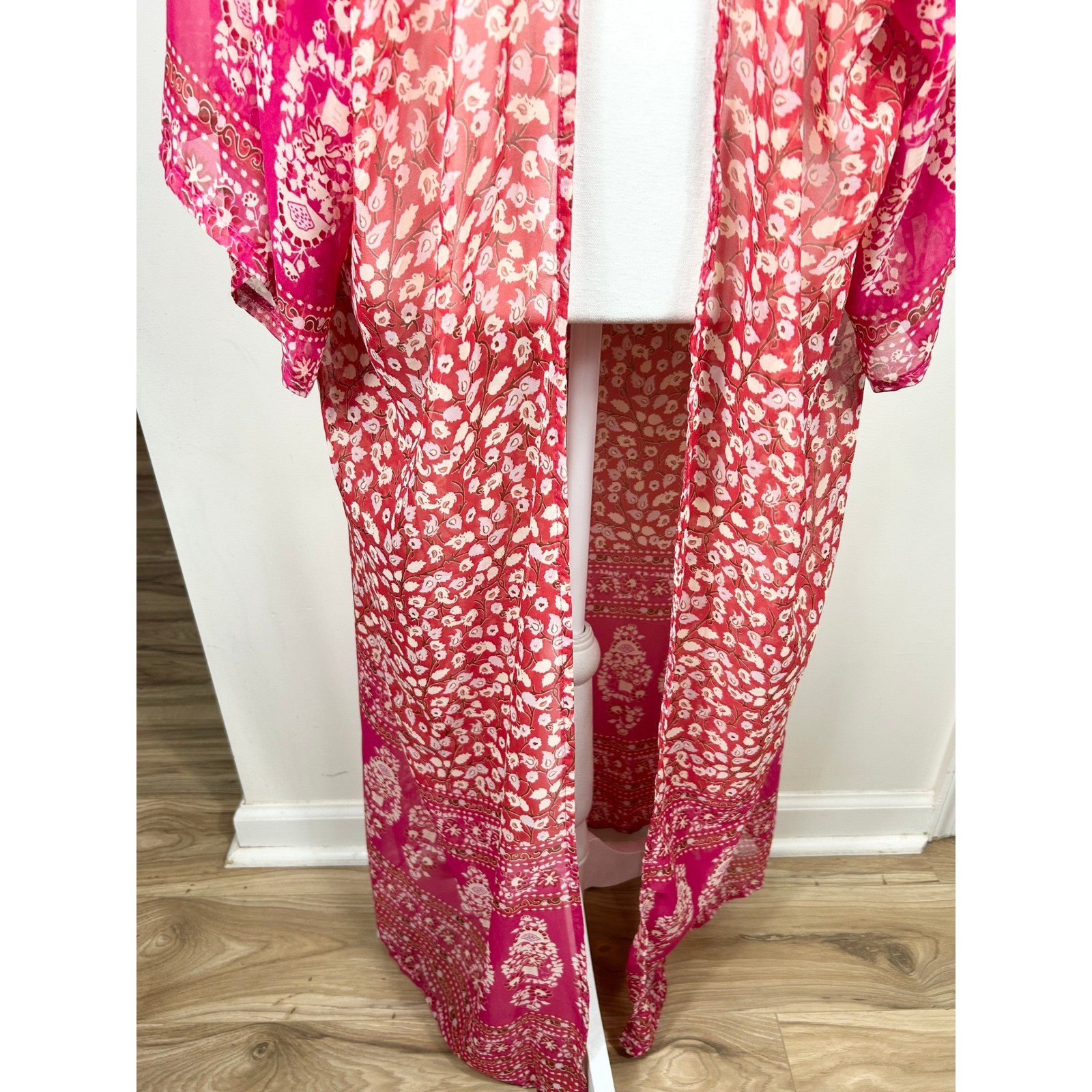 Pink Floral Long Duster Kimono Open Front Beach Cover Up OS BOHO Semi Sheer