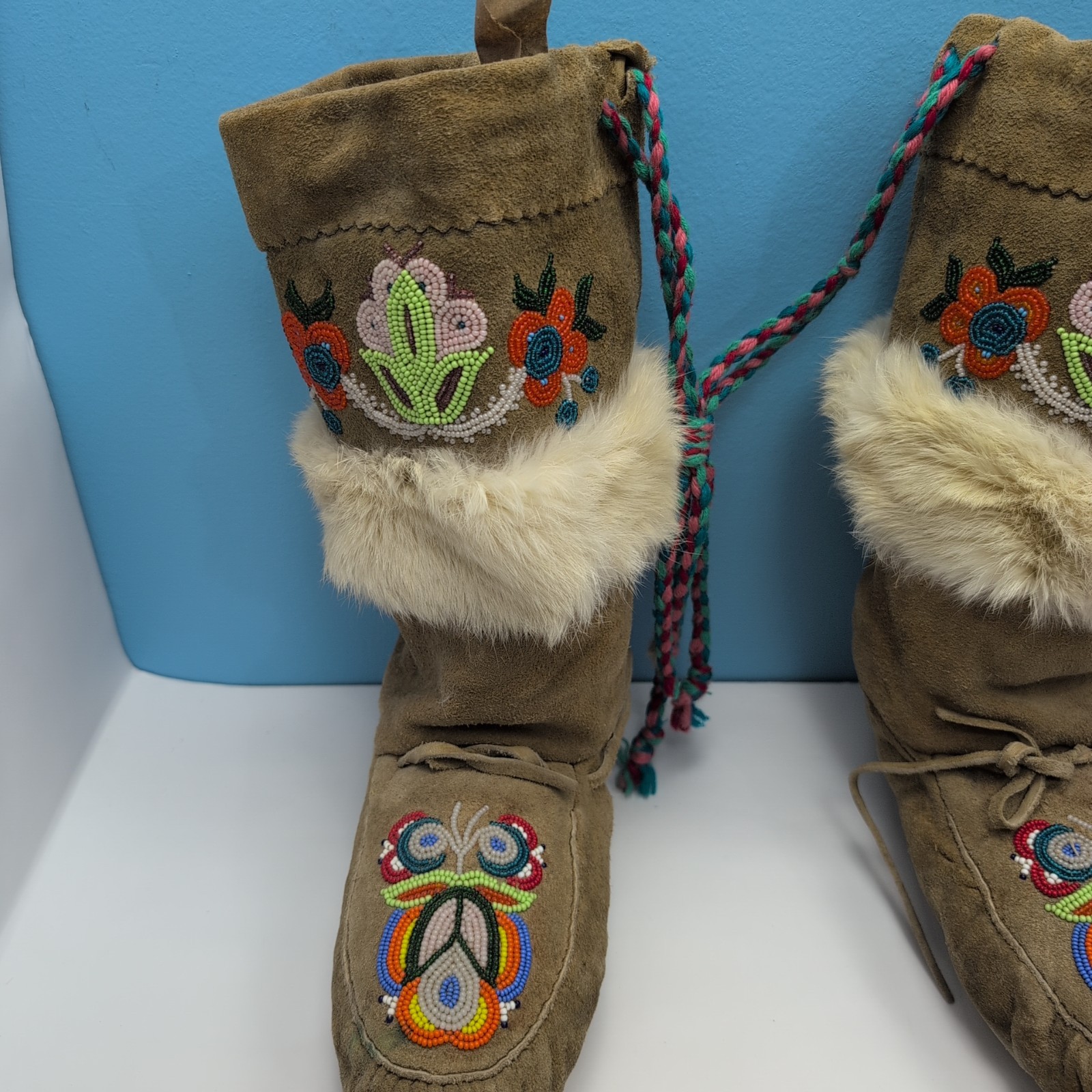 Vintage Beaded Mukluks Moccasin Boots Fur Trim Native American Plains Region