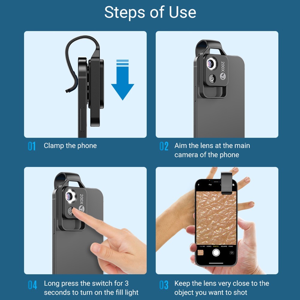 200X Phone Mini Pocket Microscope with LED Light/Universal Clip, Nano Zoom Porta