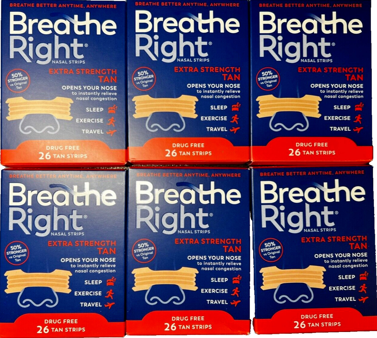 156 BREATHE RIGHT NASAL STRIPS, EXTRA STRENGTH TAN ( 6 x 26 CT BOXES ) EXP 2028