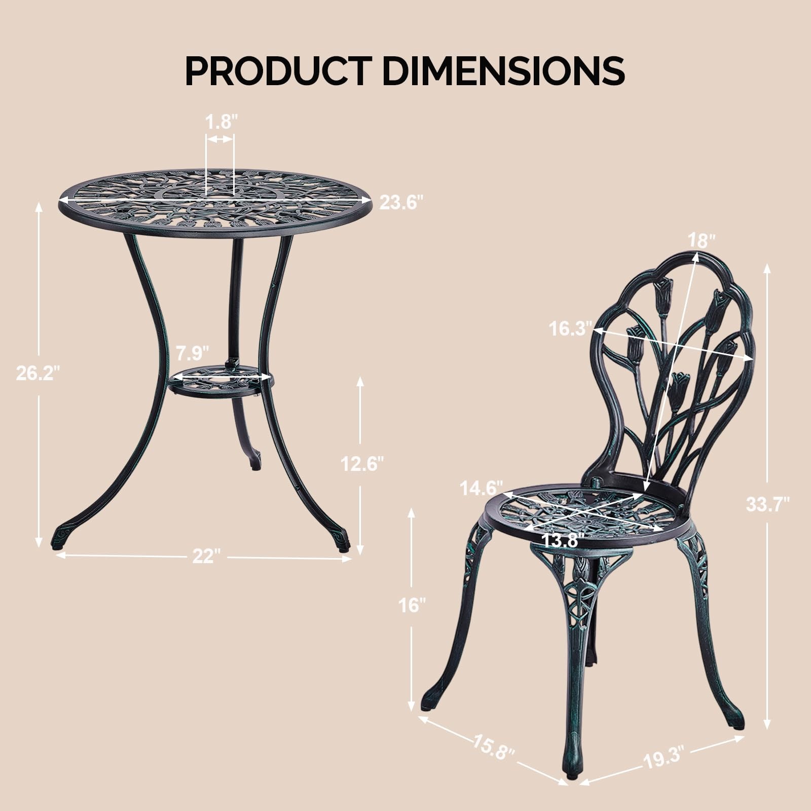 Patio Table and Chairs Set, Cast Aluminum Outdoor Cafe Table and Chairs Set of 3