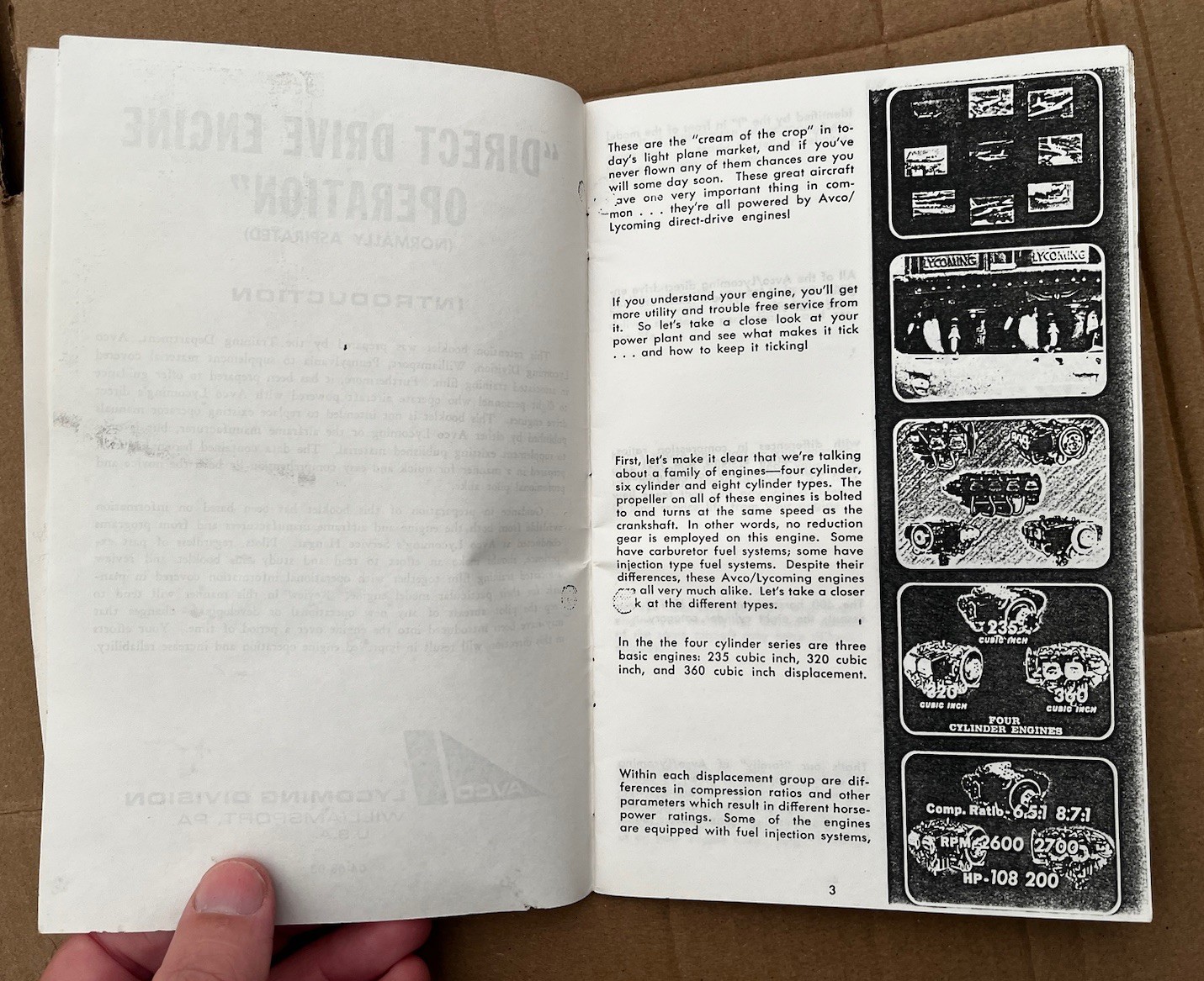 Vintage AVCO LYCOMING "DIRECT DRIVE ENGINE OPERATION" INFORMATION Manual Booklet