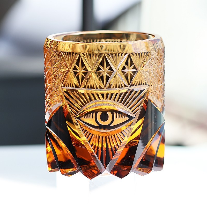 High-end Hand Carved Eye Pattern Edo Kiriko Glass Whisky Glass Amber Color