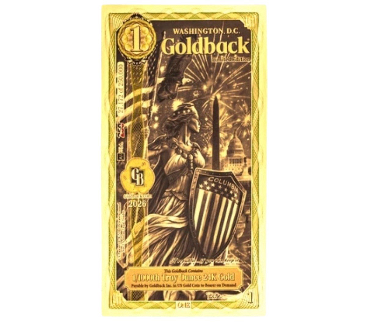 1 WASHINGTON DC GOLDBACK 1/1000 OZ 250 YEARS COMMEMORATIVE EDITION BU 🔥