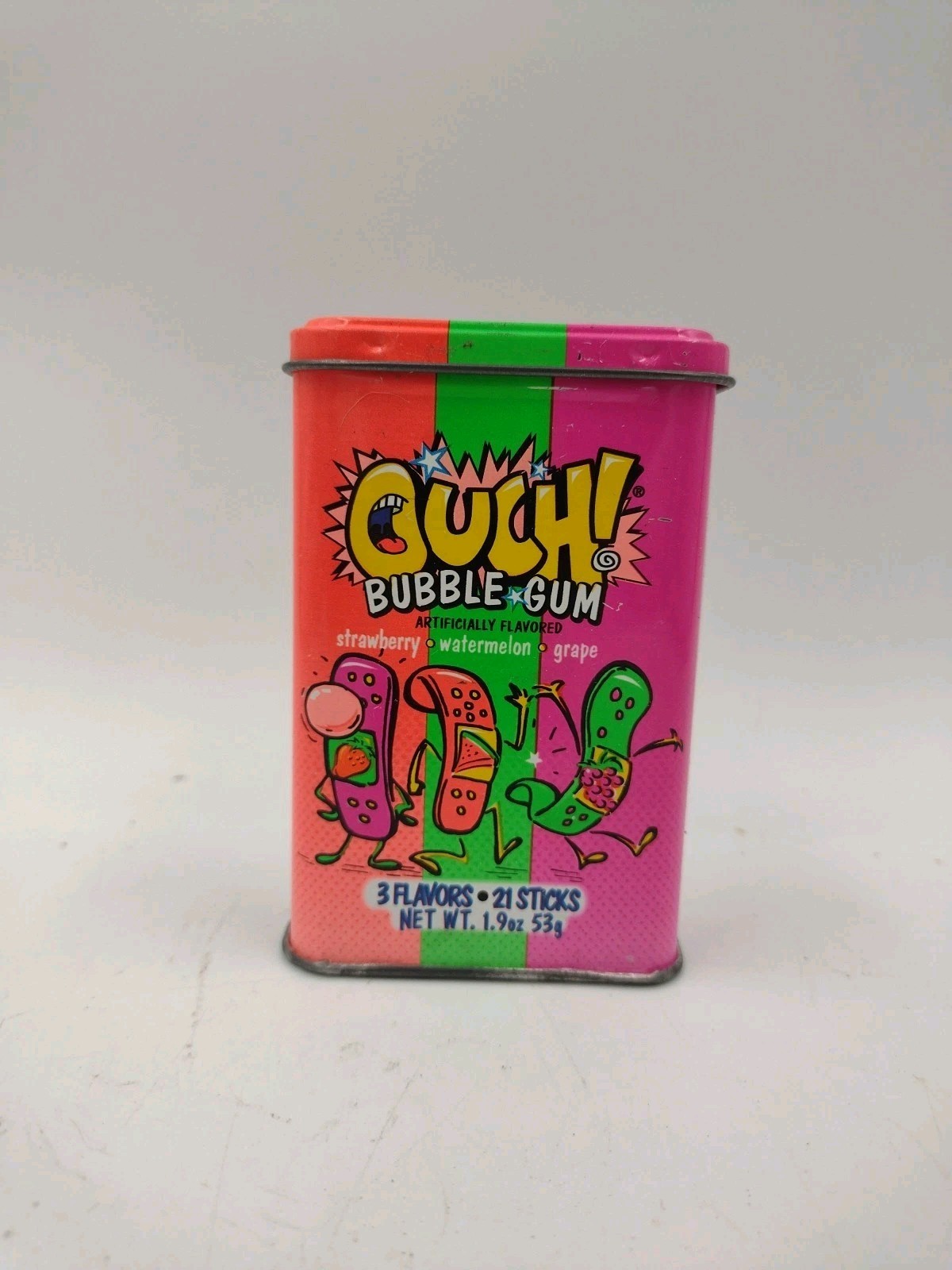 Vintage 90s Ouch!  Bubble Gum Neon Empty Metal Collectible Tin Hinged Lid