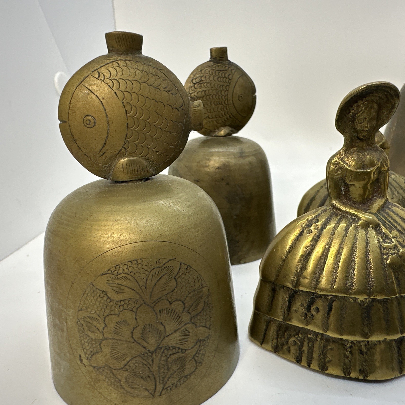 Lot of 11 Vintage Antique Hand Bell Mixed Estate Etched Fish Brass Lady Woman