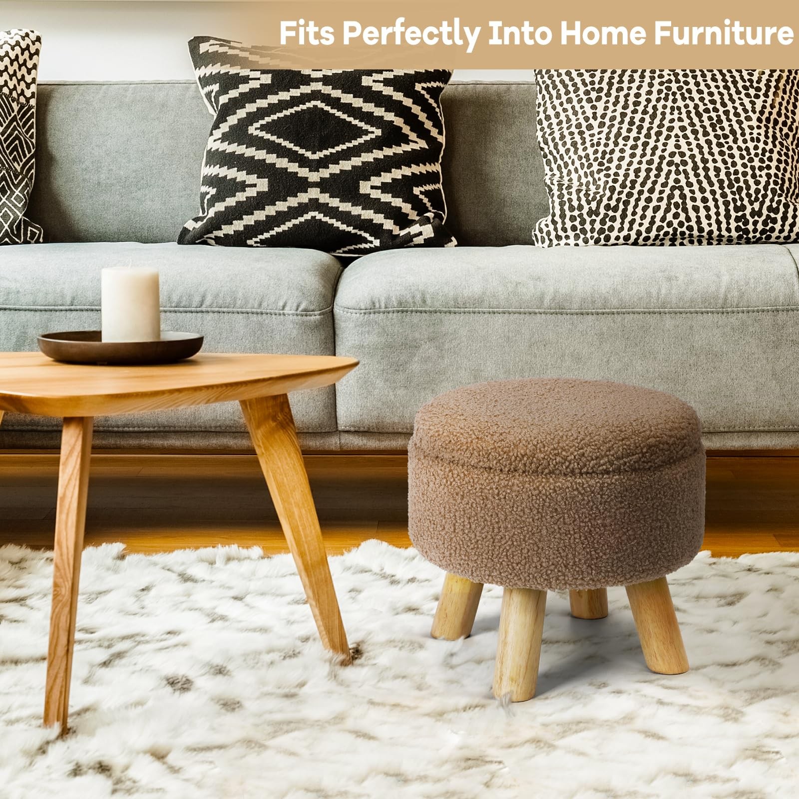 Ottoman Foot Rest, Small Round Ottoman with Storage, Boucle Teddy Velvet Foot...