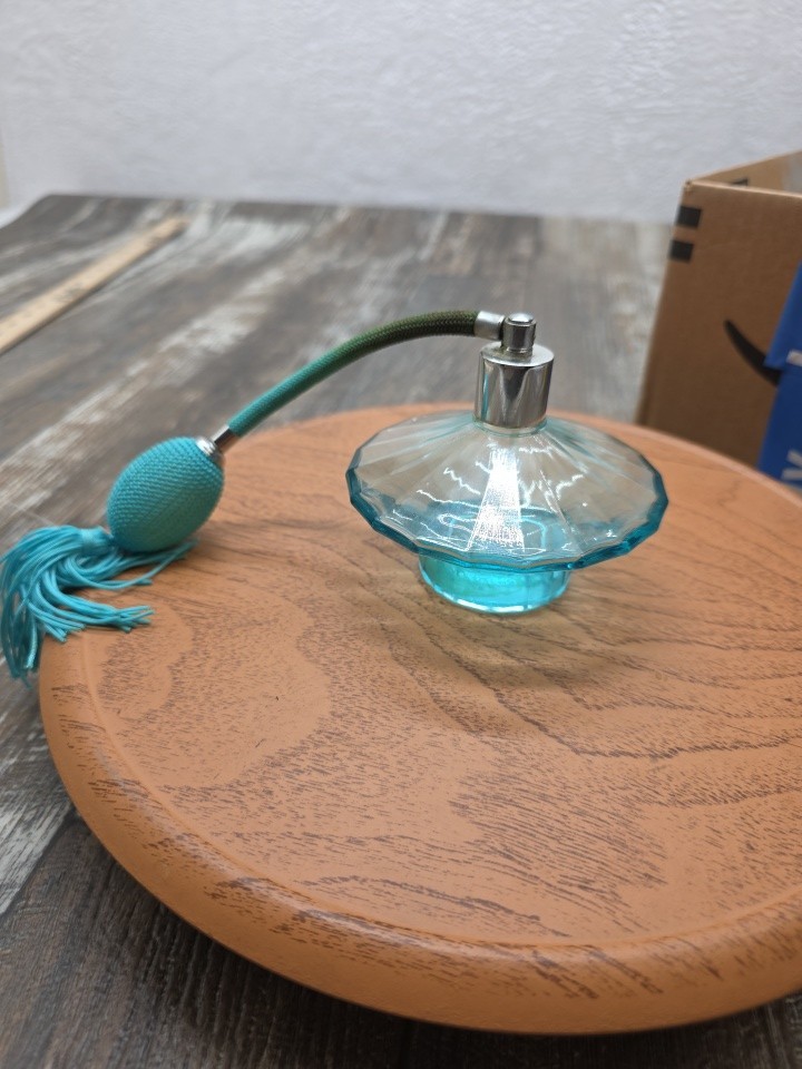 Vintage 4" Diameter Blue Perfume Bottle Atomizer With Tassle Glamor Era