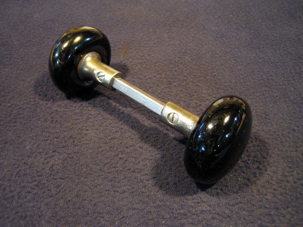 Nice Pair Antique Victorian Jet Black Porcelain Door Knobs 5/8 Shanks - 1890's