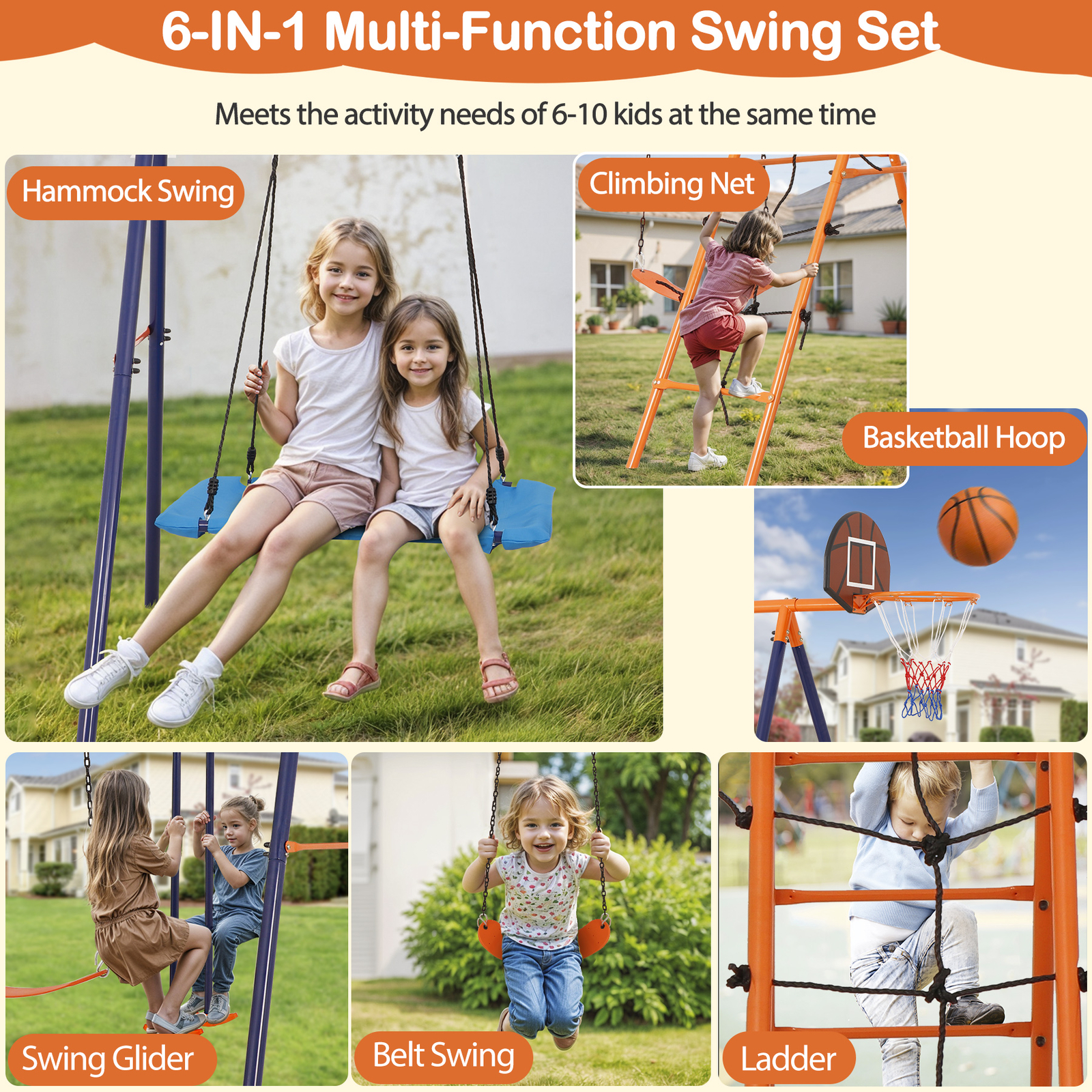 6-in-1 Swing Sets for Backyard Multifunction Metal Playground Swing Set for kids