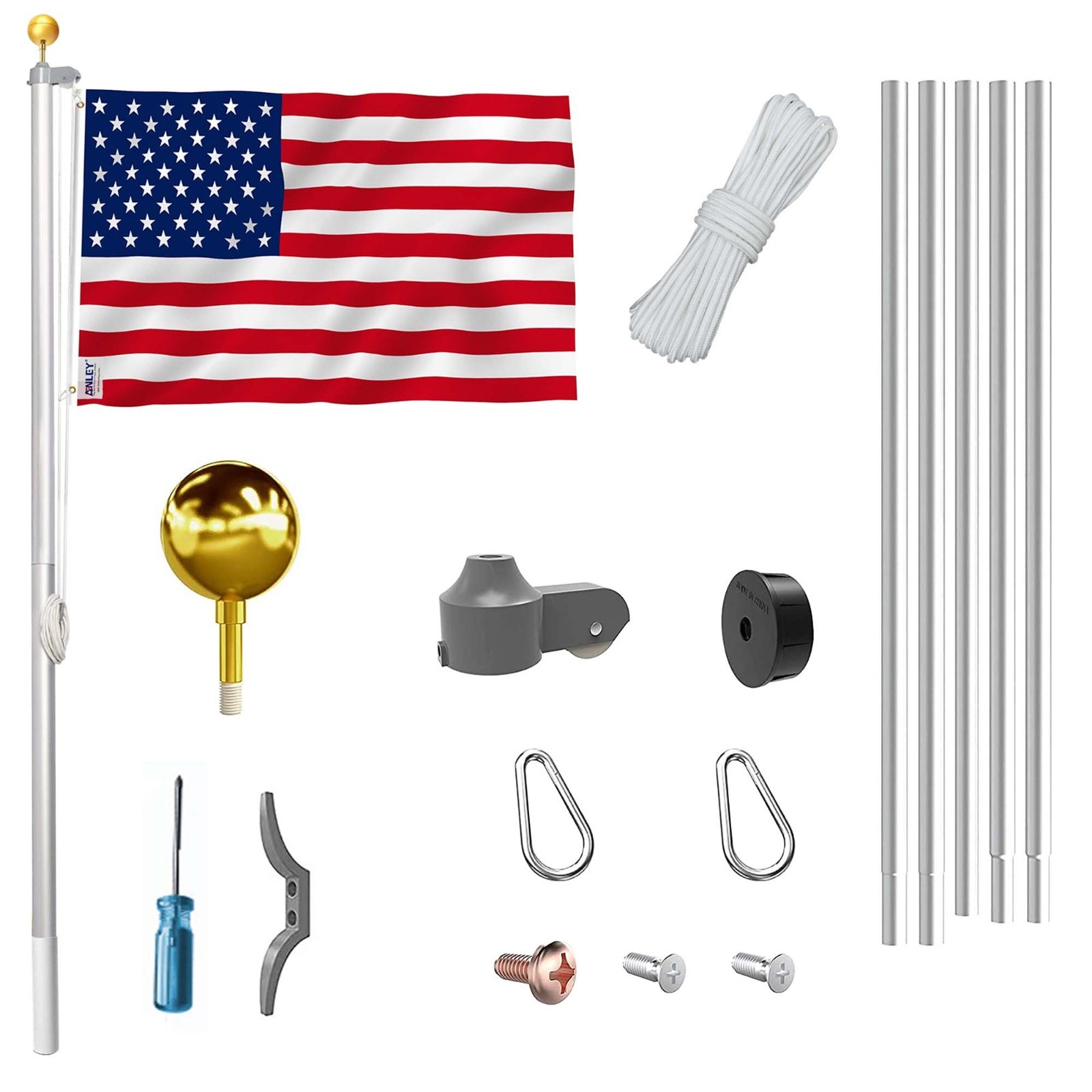 20 ft Aluminum Flag Pole Sectional Flagpole Kit Heavy Duty 3'x5' US Flag, Silver