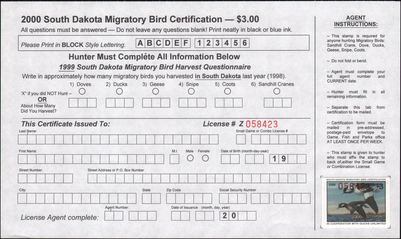 US state revenue-South Dakota MNH 2000 duck stamp with certification