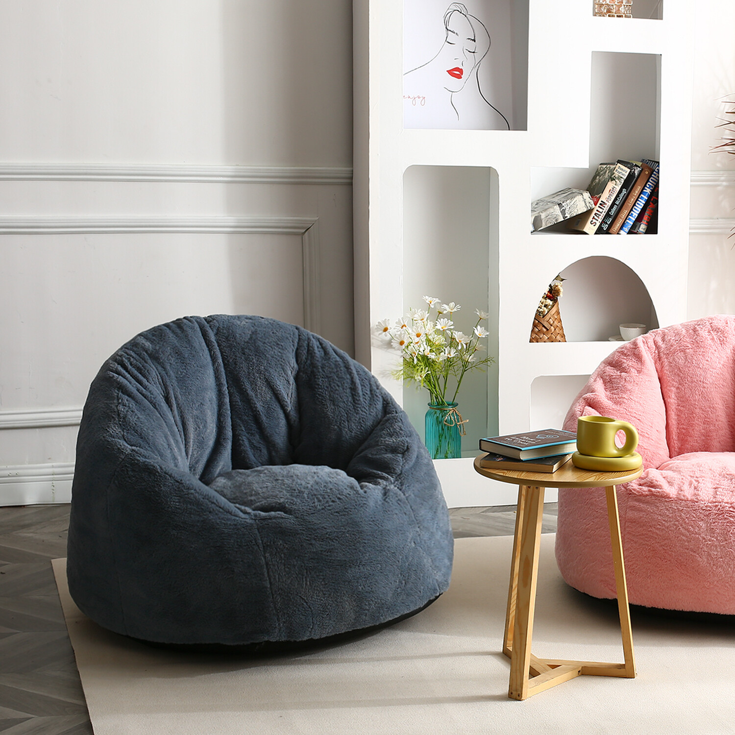 N&V Large Bean Bag Chair, Adult Size Bean Bag Sack, Foam Washable Cover Faux Fur