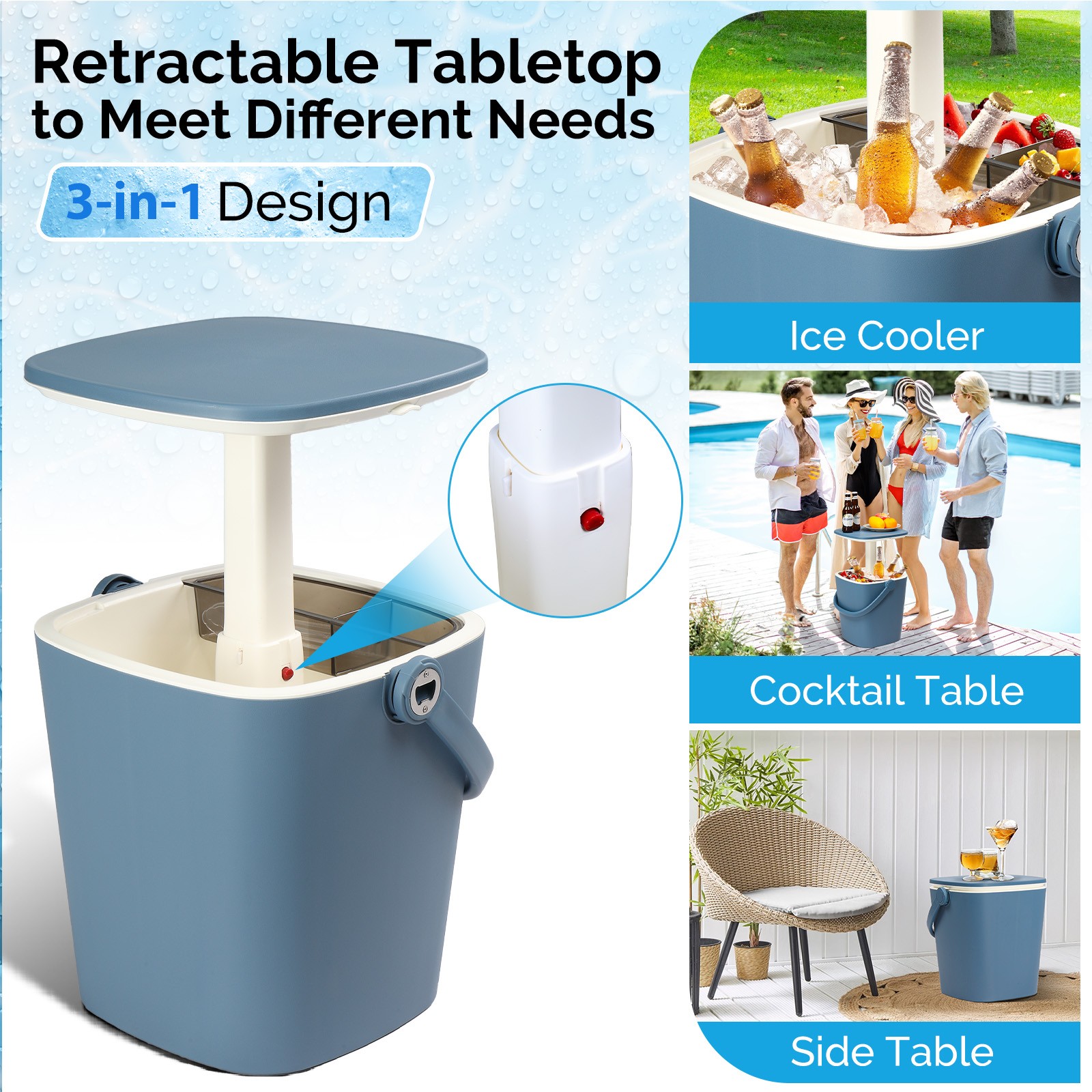 4 Gallon Portable Outdoor Cooler Side Table with Handle, Bottle Opener, Lift Top
