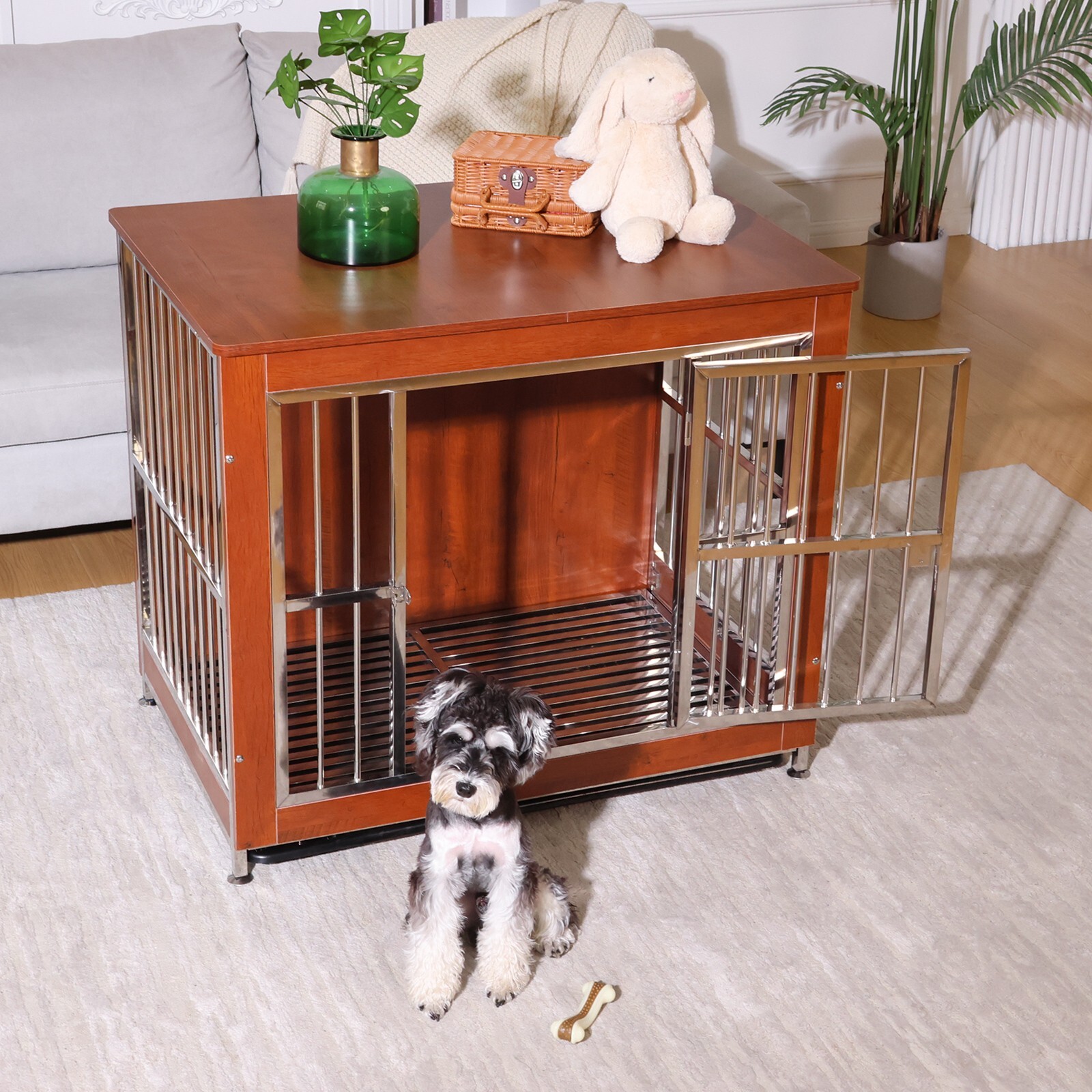 38" Wooden Dog Cage Heavy Duty Pet Crate Kennel Metal Cage End Table Furniture