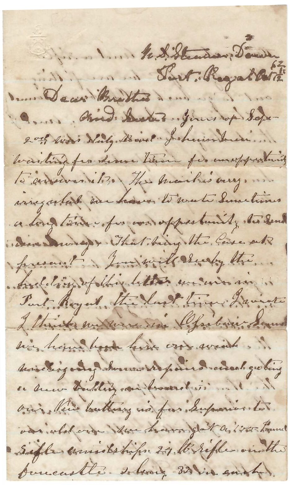 Union Private Writes Brother About Port Royal Aboard US Steamer Dawn