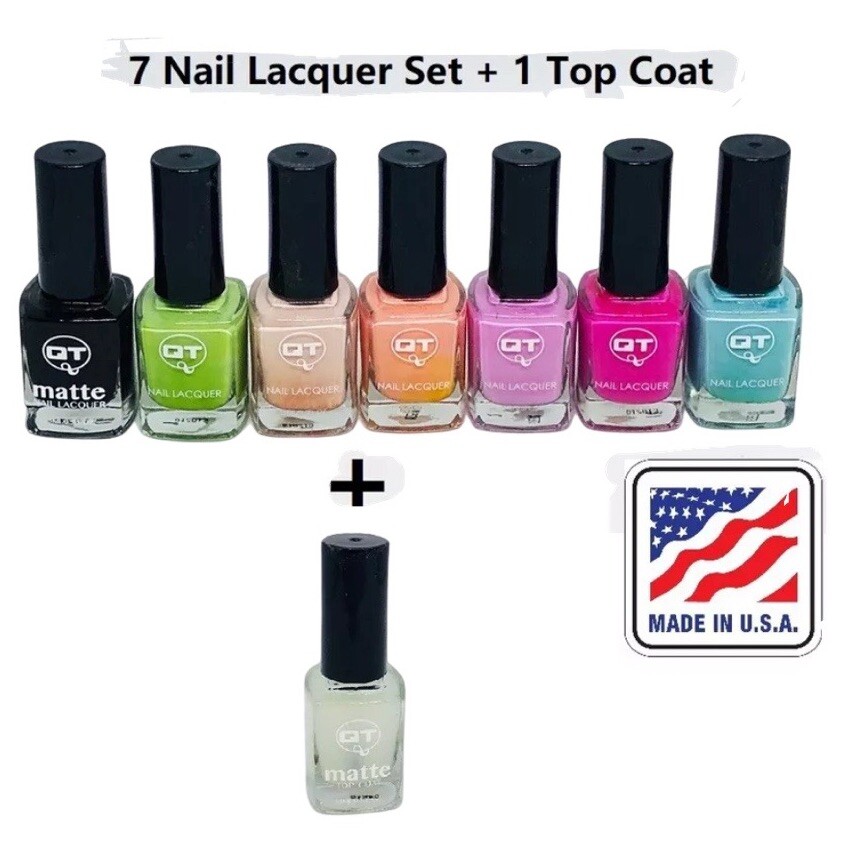 QT Matte Nail Lacquer Polish Lot of 7 + 1 Top Coat Full Size 0.5oz Made in USA