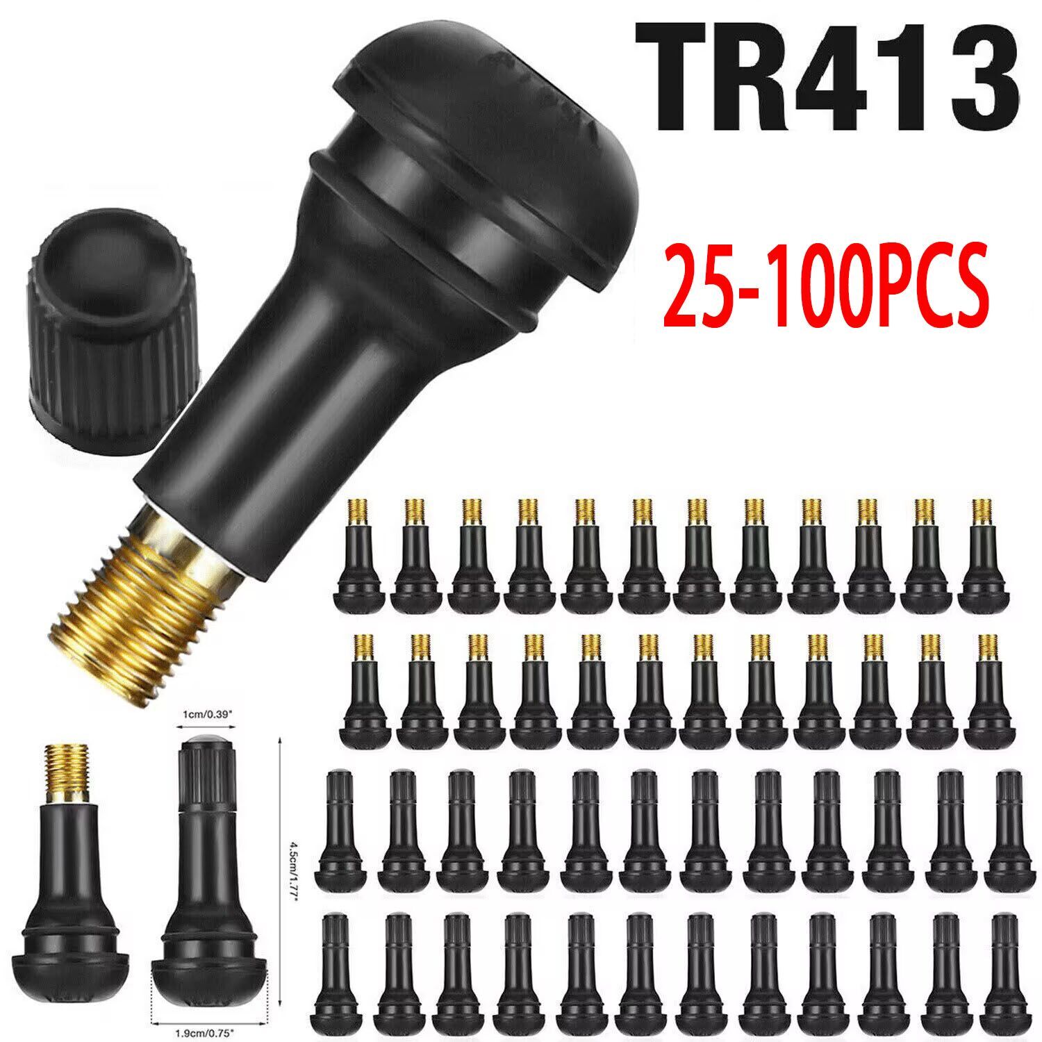 25-1000X Car Tire Stem TR 413 TR413 Snap-In Tire Valve Stems Short Black Rubber