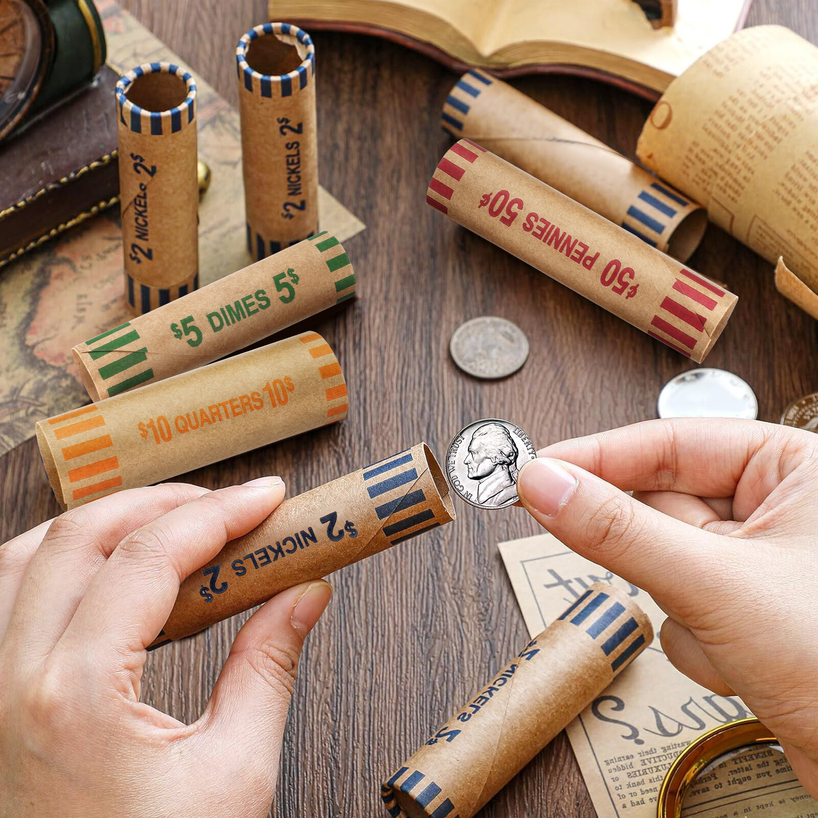 128pcs Assorted Preformed Coin Wrappers Rolls, Change Paper Rolls Wrapping Tubes