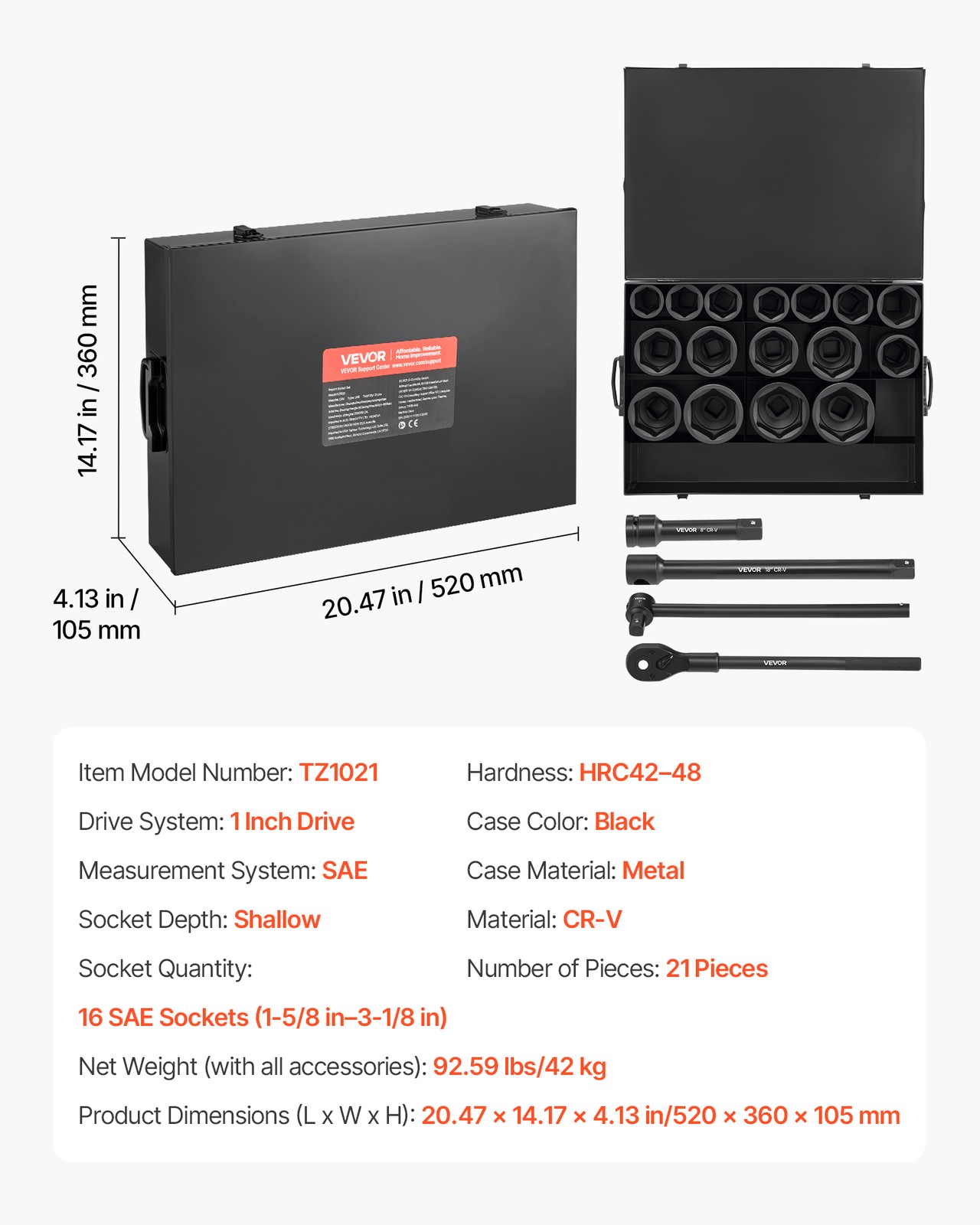 VEVOR 1 in Drive Impact Socket Set 21 Piece Shallow SAE 1-5/8 in to 3-1/8 in
