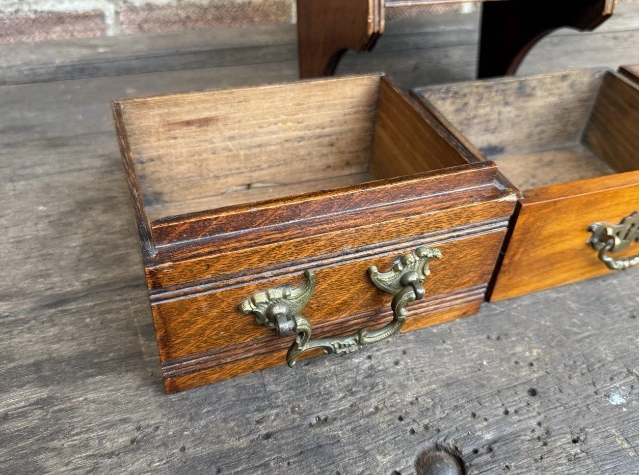 Antique Edwardian Oak Wall Hanging Smokers Cabinet & Original Glass Match Holder