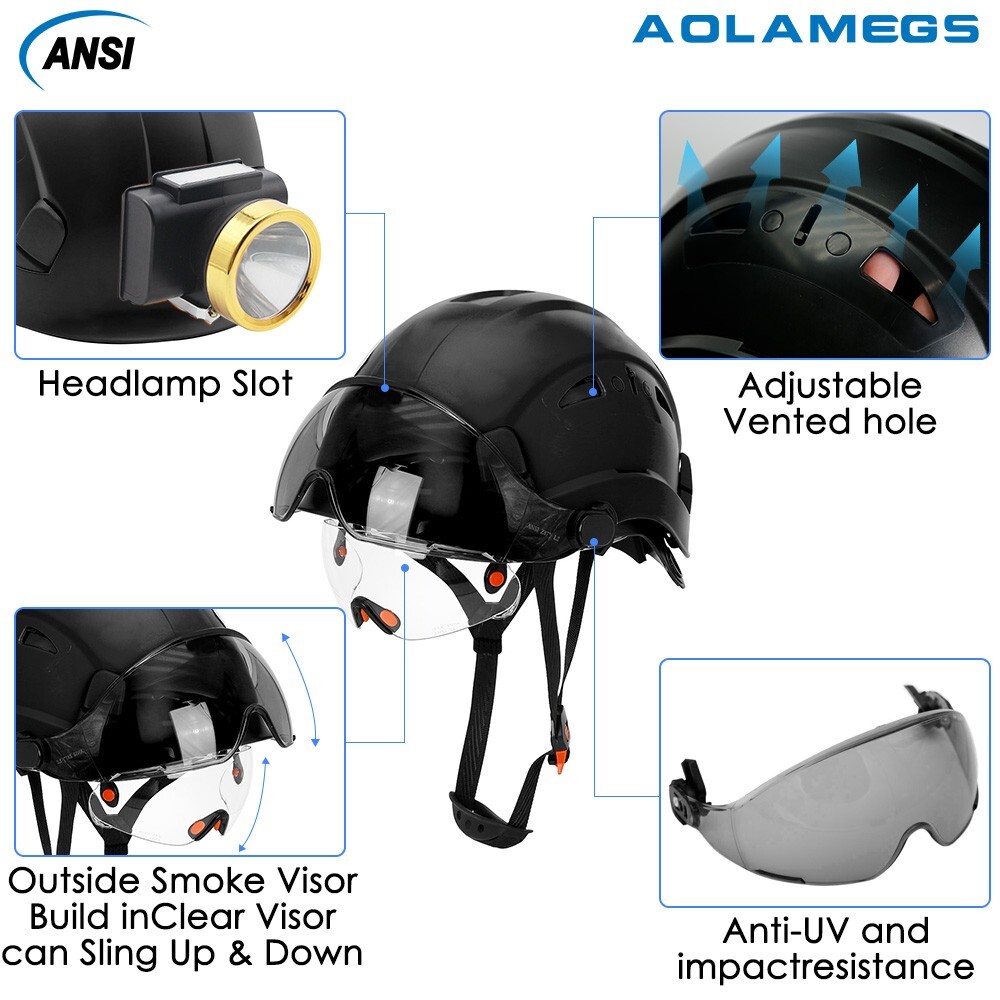 Construction Safety Helmet With Visor Built In Goggle ABS Hard Hat Work Cap ANSI