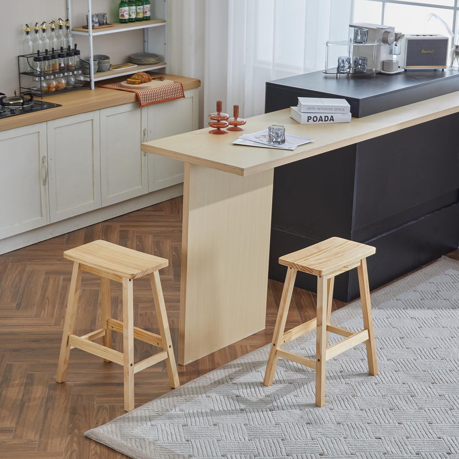 Counter Height Bar Stools Set of 2, Solid Wood Saddle-Seat, Stools for Kitchen
