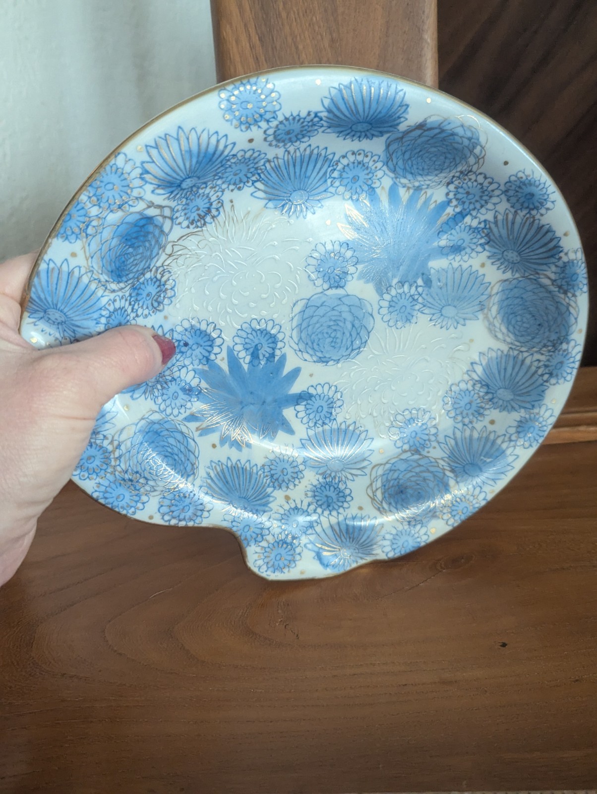 Vtg Kutani Gold Chrysanthemum Flower Japan Blue Trinket Dish Ashtray MCM Art