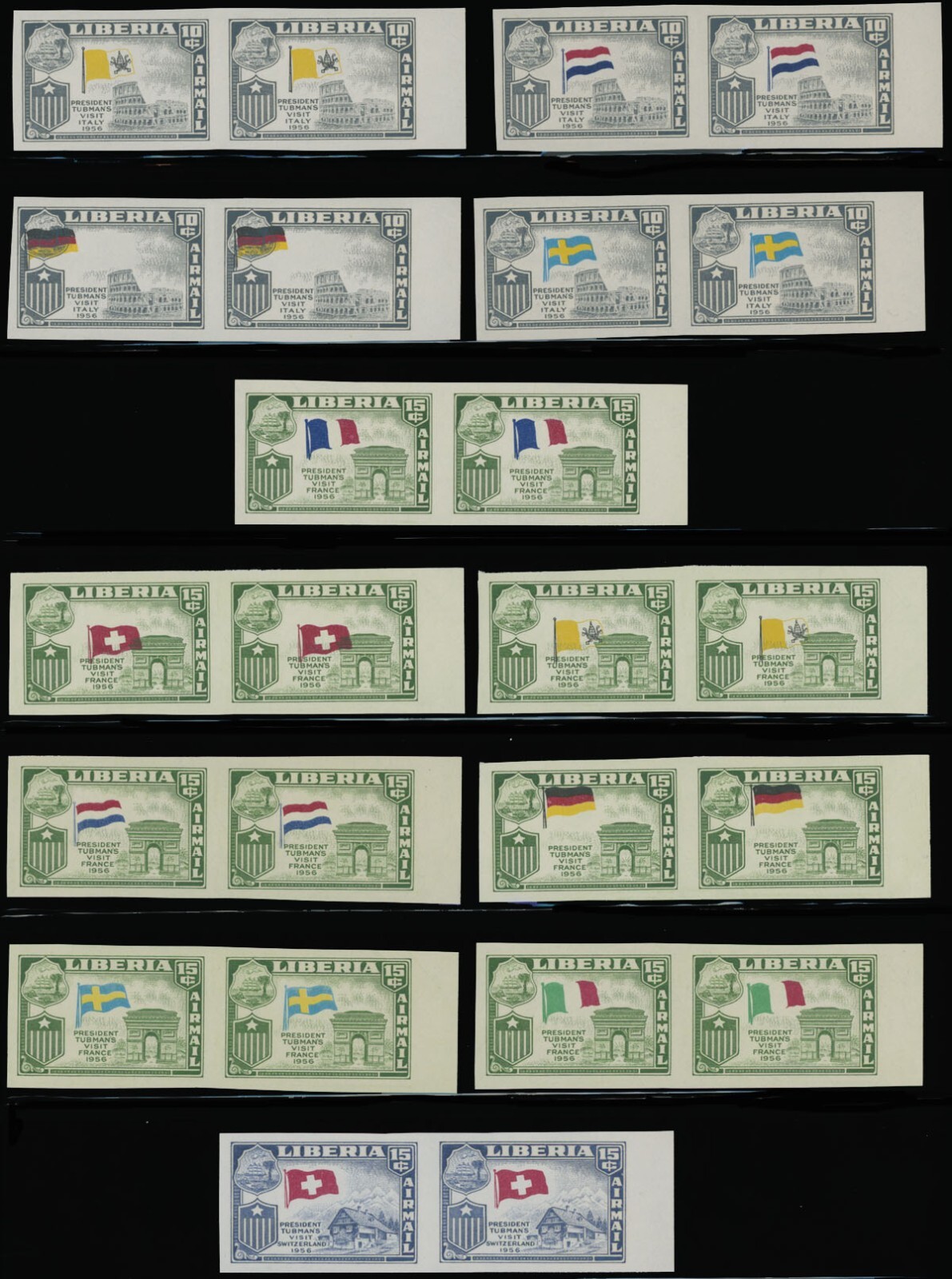 LIBERIA 1958 PRESIDENT'S VISITS 42 IMPERF PAIRS W/WRONG FLAGS SC#368-70, C114-17