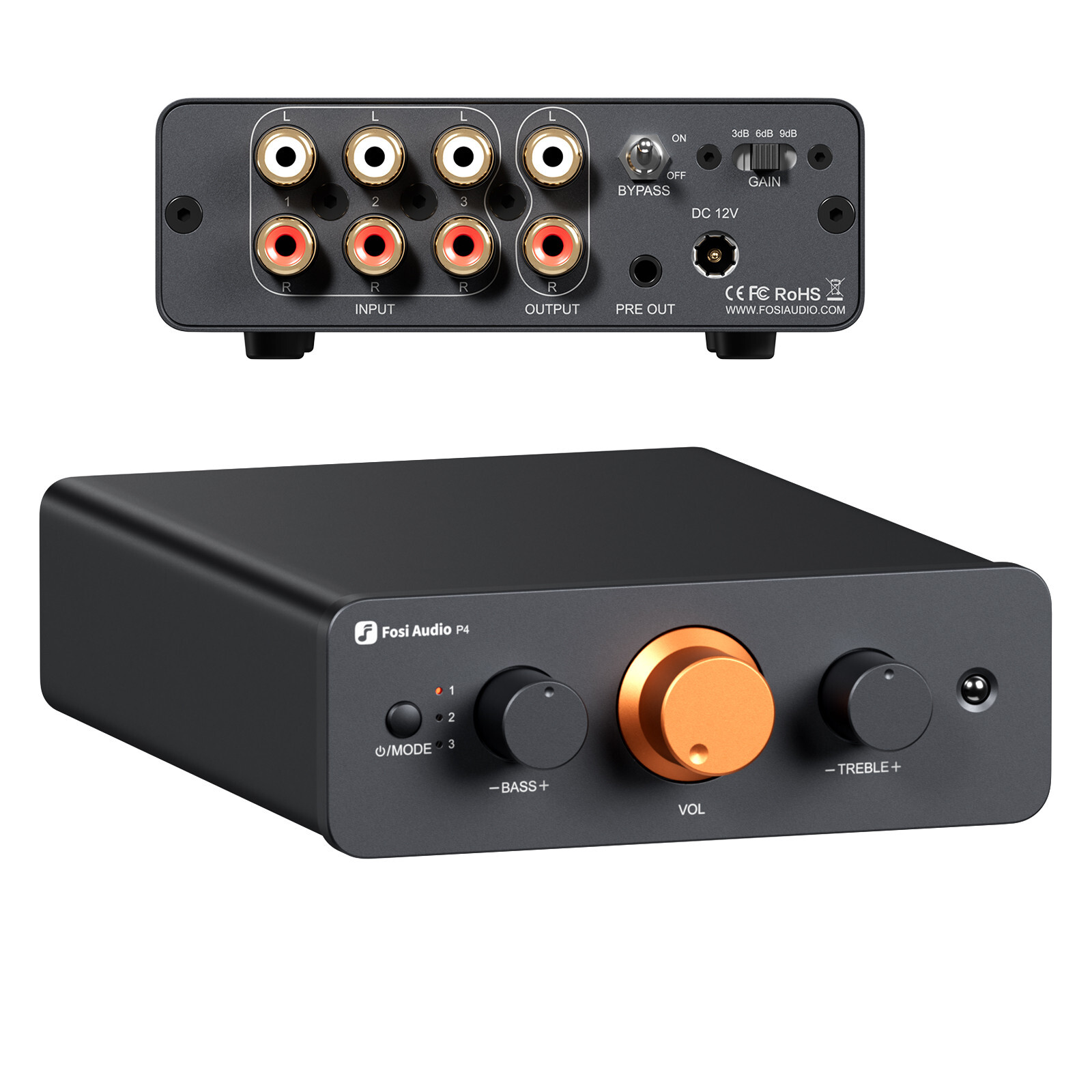 Fosi Audio P4 Mini Preamplifier Bass & Treble Control Gain Adjustable W/3 Inputs