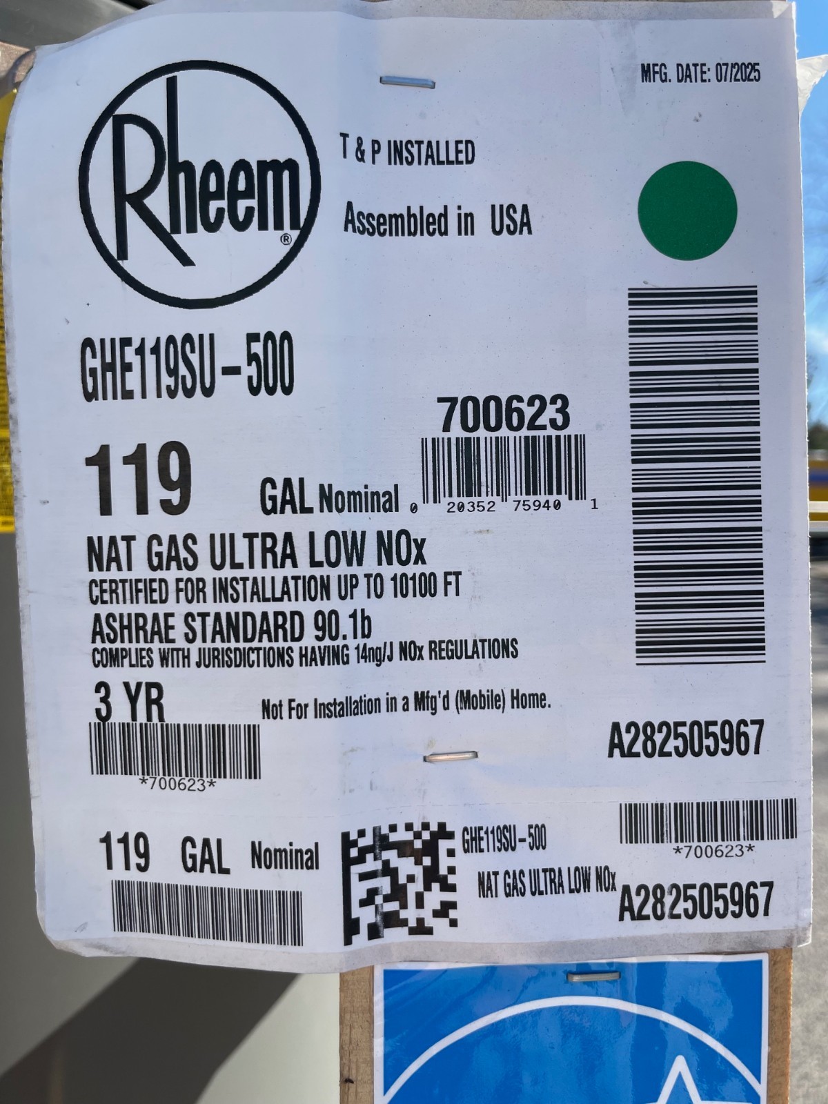 NEW Rheem NG Triton Super Duty 119 Gallon Commercial Water Heater GHE119SU-500