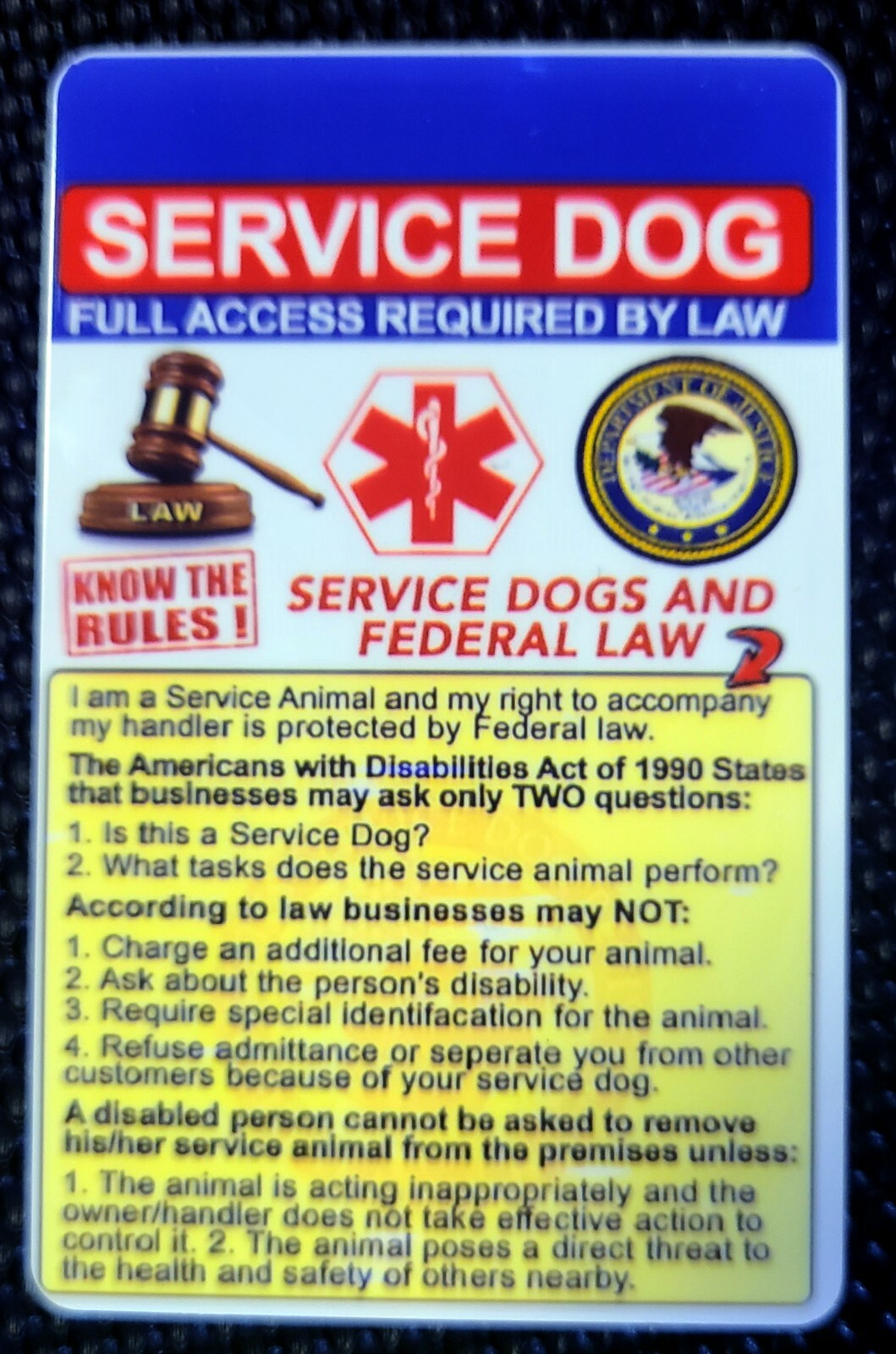 Service or Emotional Support Dog handler ID card with hologram and lanyard