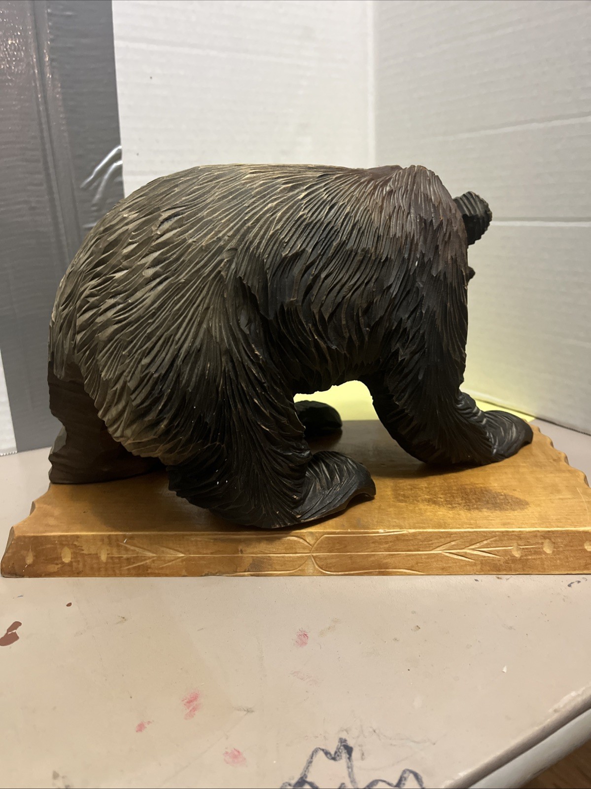 Japanese Style 13” W x 7” L x 9” T Wooden Ainu Bear With Salmon Statue With Base